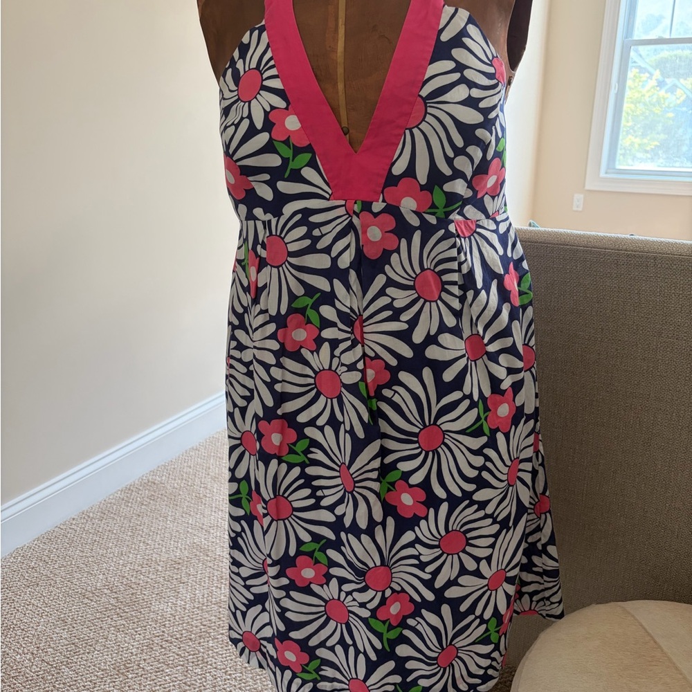 Lilly Pulitzer Navy Daisy Floral Halter Midi Dress with Hot Pink Trim - size 10
